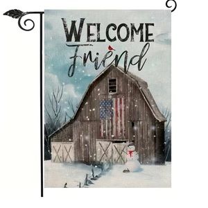 Welcome Friend Winter Barn Snowman America Garden Flag 12” x 18”